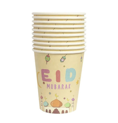 Modefa Ramadan & Eid Party Fun Kids Themed Eid Mubarak Disposable Plates, Cups, Napkins Set of 10 - Beige