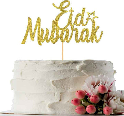 Modefa Ramadan & Eid Party Islamic Holiday Decor | Cake Topper Glittery Gold - Eid Mubarak