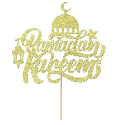 Modefa Ramadan & Eid Party Islamic Holiday Decor | Cake Topper Glittery Gold - Ramadan Kareem