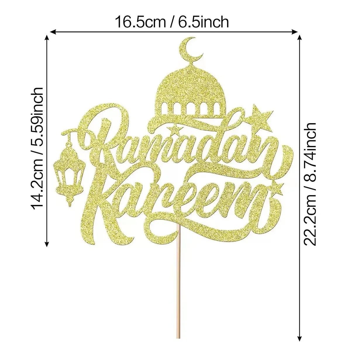 Modefa Ramadan & Eid Party Islamic Holiday Decor | Cake Topper Glittery Gold - Ramadan Kareem