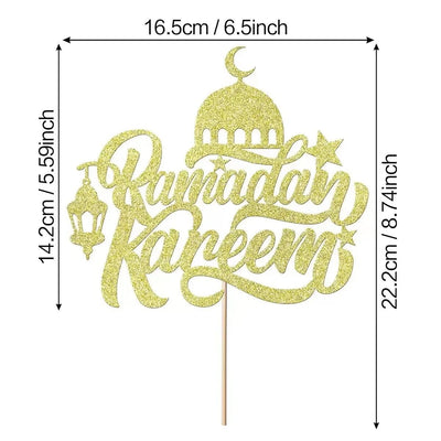 Modefa Ramadan & Eid Party Islamic Holiday Decor | Cake Topper Glittery Gold - Ramadan Kareem