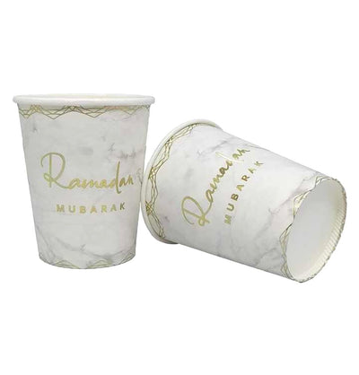 Modefa Ramadan & Eid Party Ramadan Mubarak Disposable Plates, Cups, Napkins - Marbled White & Gold - Set of 10