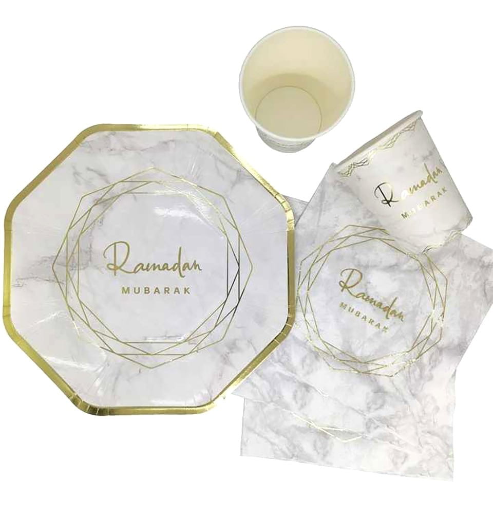 Modefa Ramadan & Eid Party Ramadan Mubarak Disposable Plates, Cups, Napkins - Marbled White & Gold - Set of 10
