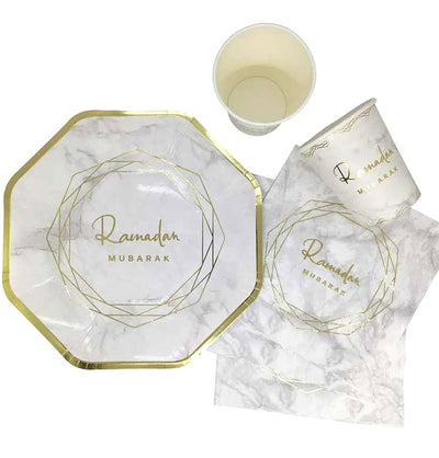 Modefa Ramadan & Eid Party Ramadan Mubarak Disposable Plates, Cups, Napkins - Marbled White & Gold - Set of 10