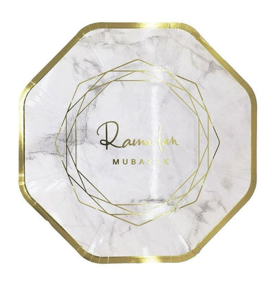 Modefa Ramadan & Eid Party Ramadan Mubarak Disposable Plates & Napkins - Marbled White & Gold - Set of 10