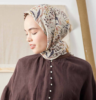 Modefa scarf Beige Patterned Viscose Cotton Square Hijab Tiny Garden - Beige