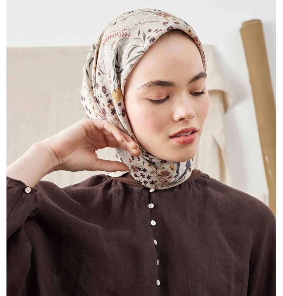 Modefa scarf Beige Patterned Viscose Cotton Square Hijab Tiny Garden - Beige