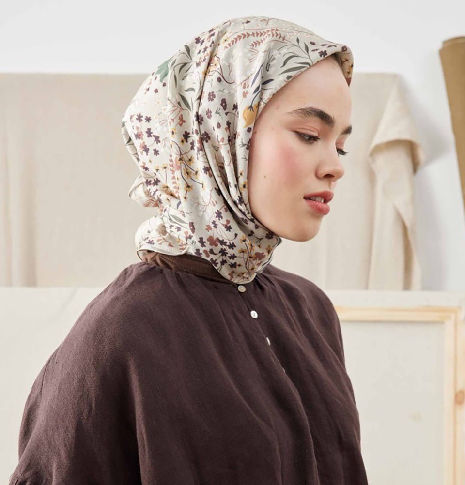 Modefa scarf Beige Patterned Viscose Cotton Square Hijab Tiny Garden - Beige