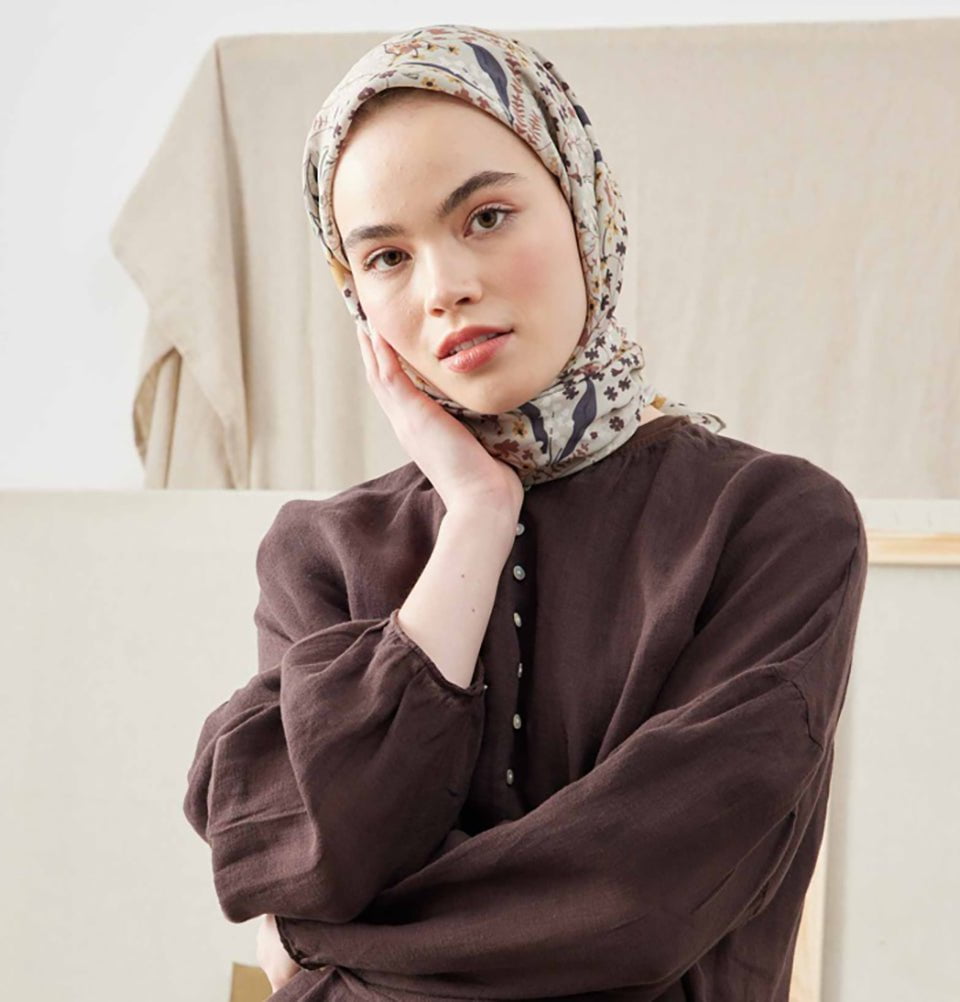 Modefa scarf Beige Patterned Viscose Cotton Square Hijab Tiny Garden - Beige