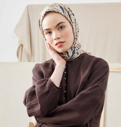 Modefa scarf Beige Patterned Viscose Cotton Square Hijab Tiny Garden - Beige