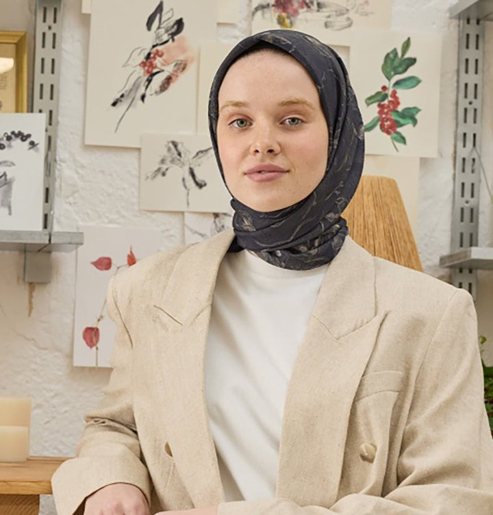 Patterned Viscose Cotton Square Hijab Ruby Black