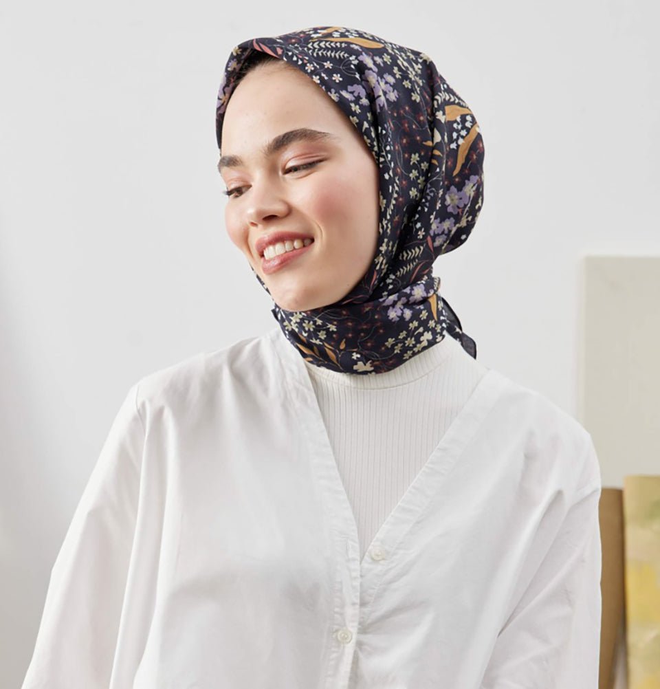 Modefa scarf Black Patterned Viscose Cotton Square Hijab Tiny Garden - Black
