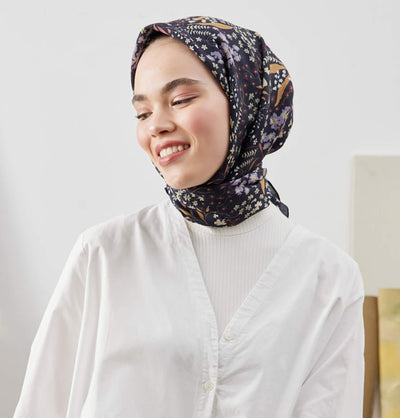 Modefa scarf Black Patterned Viscose Cotton Square Hijab Tiny Garden - Black