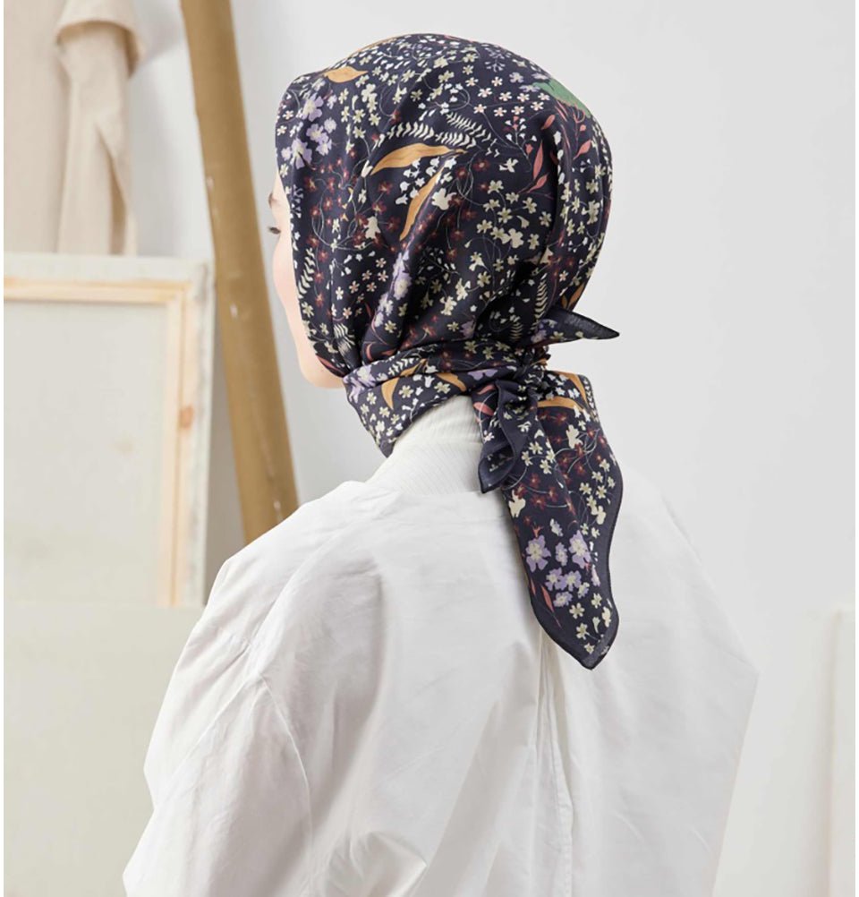 Modefa scarf Black Patterned Viscose Cotton Square Hijab Tiny Garden - Black
