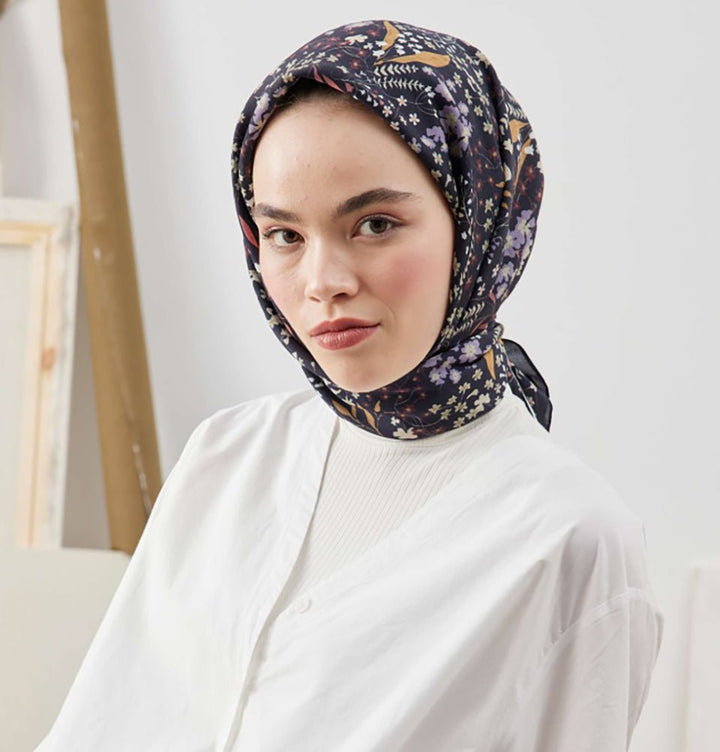 Patterned Viscose Cotton Square Hijab Tiny Garden - Black display picture 2