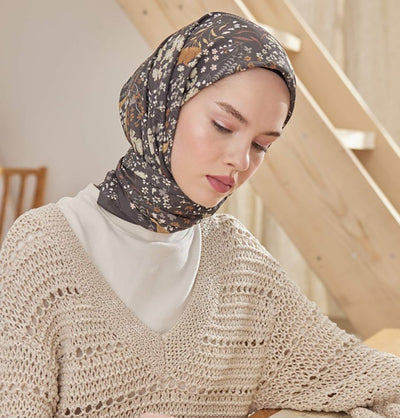 Modefa scarf Fog Grey Patterned Viscose Cotton Square Hijab Tiny Garden - Fog Grey