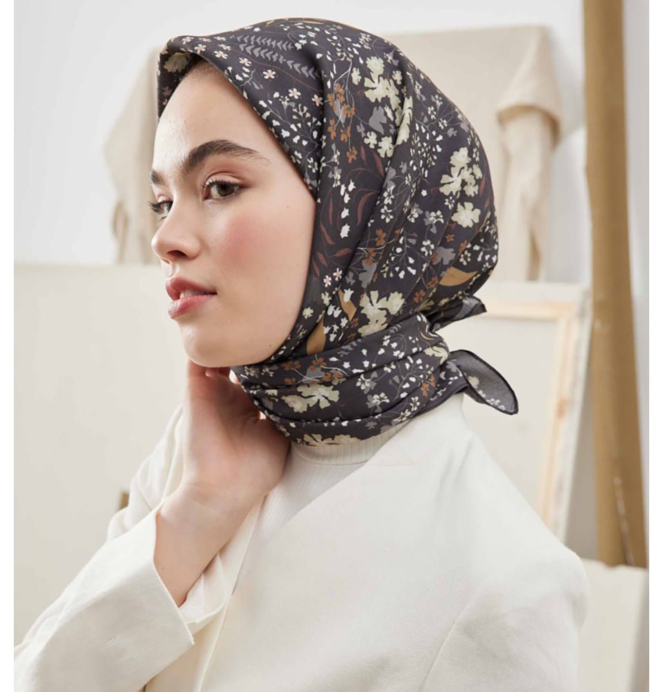 Modefa scarf Fog Grey Patterned Viscose Cotton Square Hijab Tiny Garden - Fog Grey