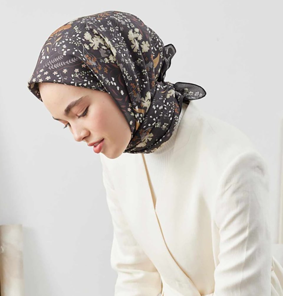 Modefa scarf Fog Grey Patterned Viscose Cotton Square Hijab Tiny Garden - Fog Grey