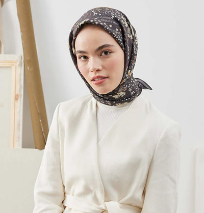 Modefa scarf Fog Grey Patterned Viscose Cotton Square Hijab Tiny Garden - Fog Grey