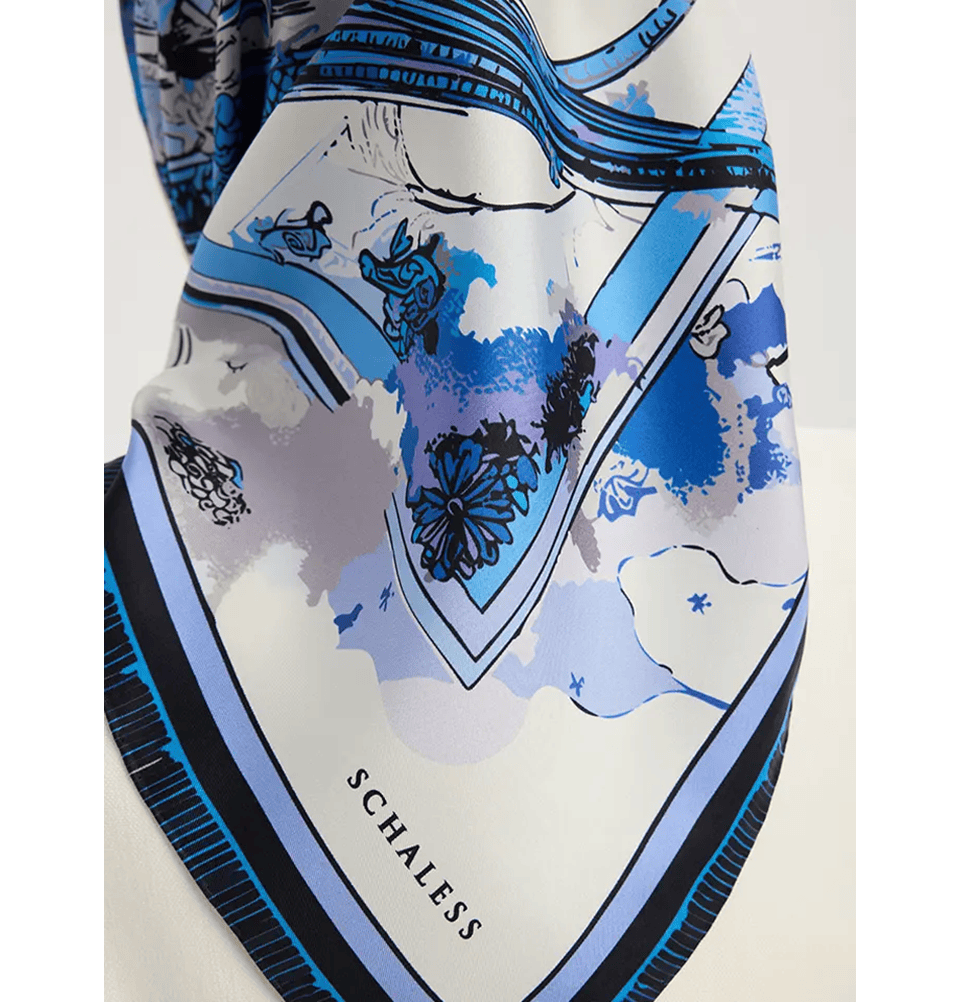 Serica Patterned Silk Square Crescent City Hijab - Indigo