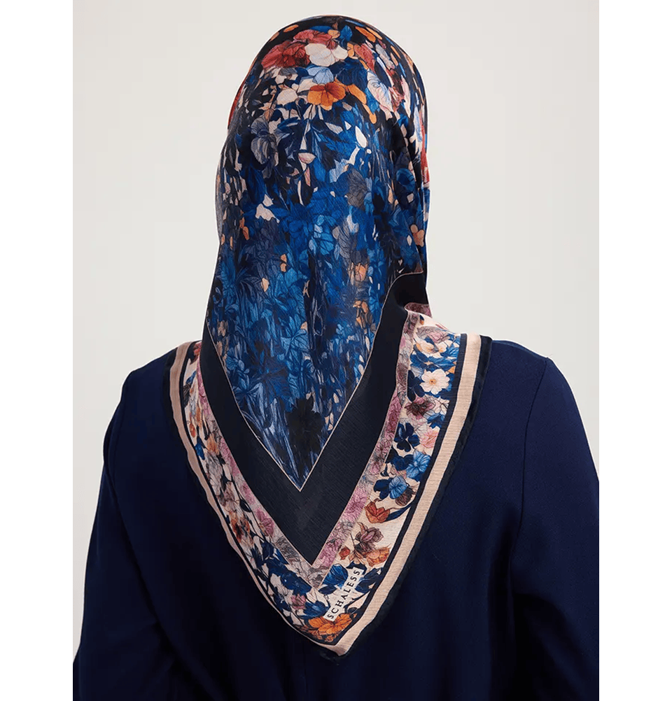 Aurora Satin Square Hijab Cosmic Flowers - Navy Blue