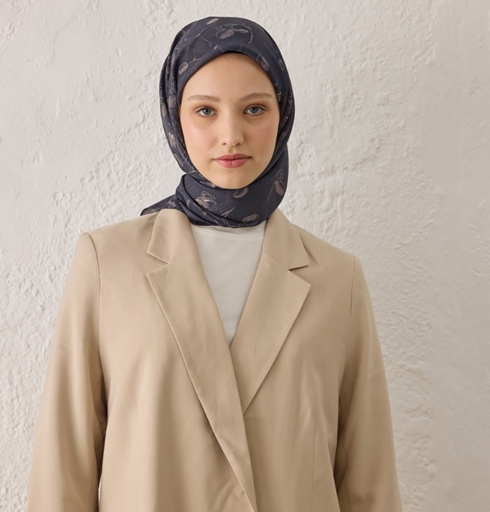 Modefa scarf Navy Blue Patterned Viscose Cotton Square Hijab Ruby - Navy Blue