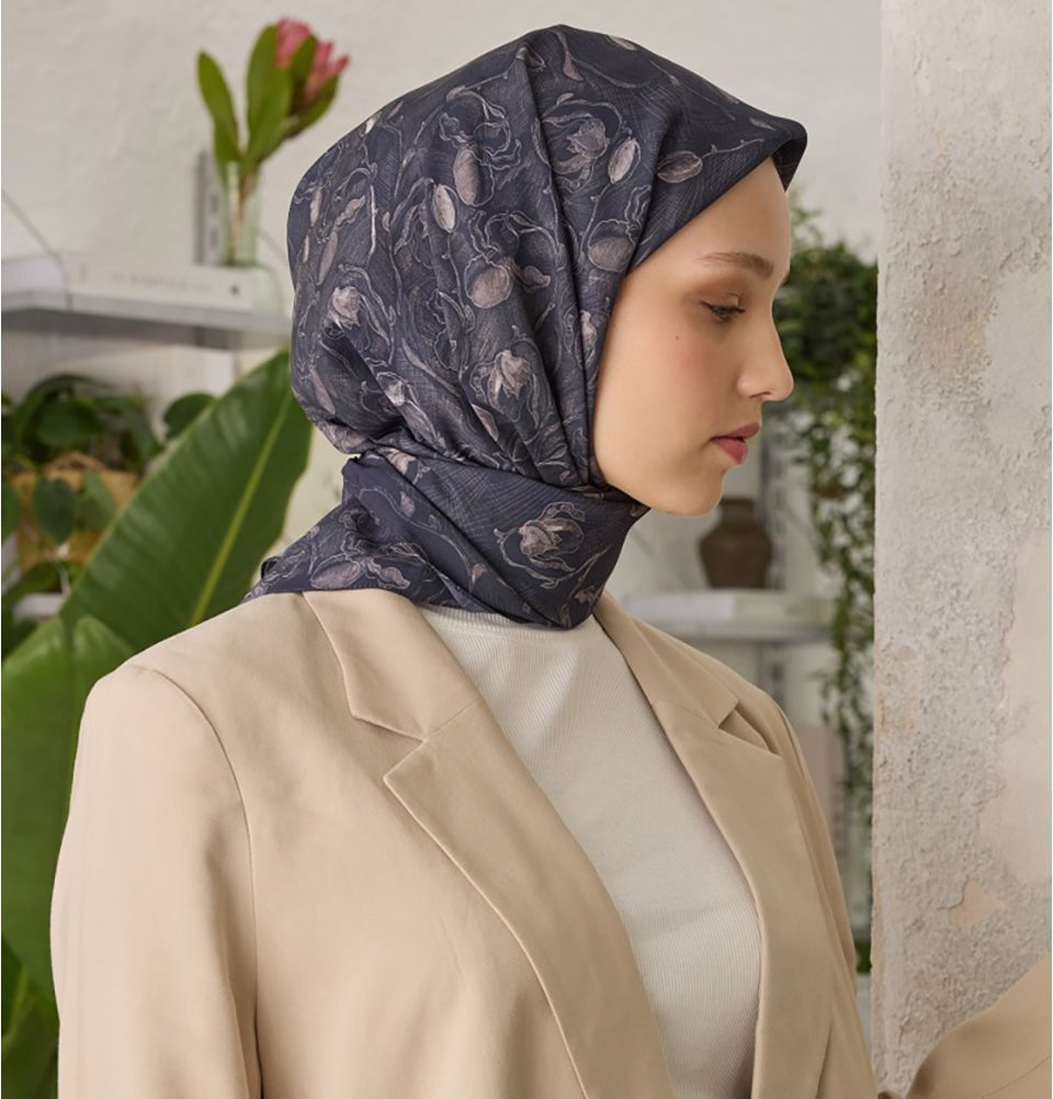 Modefa scarf Navy Blue Patterned Viscose Cotton Square Hijab Ruby - Navy Blue