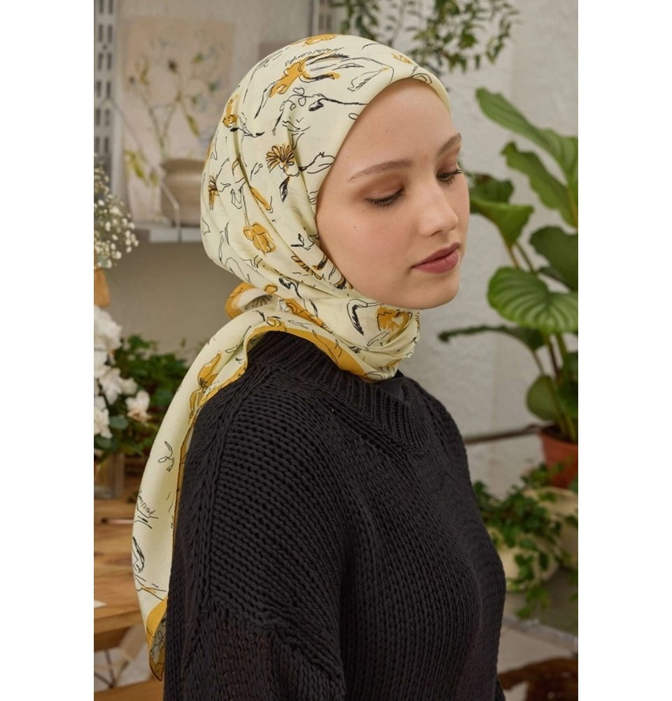 Modefa scarf Primrose Mango Yellow Patterned Viscose Cotton Square Hijab - Primrose Mango Yellow