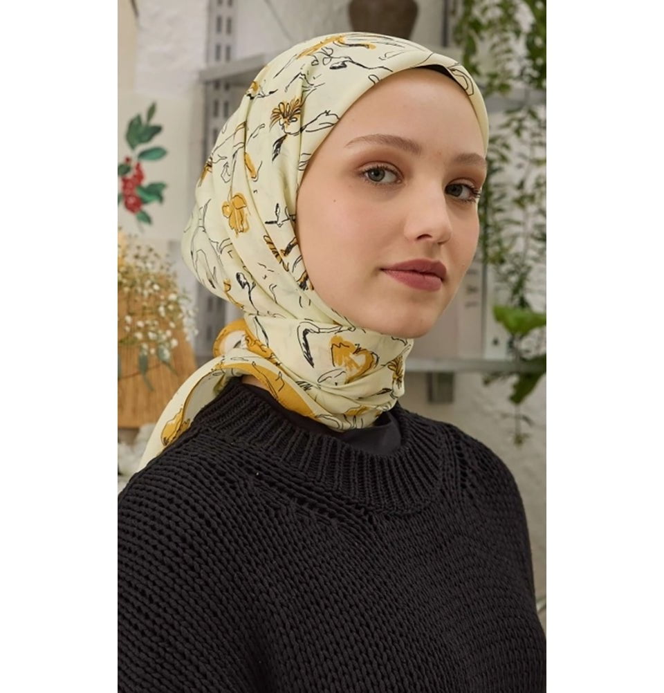 Modefa scarf Primrose Mango Yellow Patterned Viscose Cotton Square Hijab - Primrose Mango Yellow