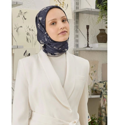 Modefa scarf Primrose Navy Patterned Viscose Cotton Square Hijab - Primrose Navy