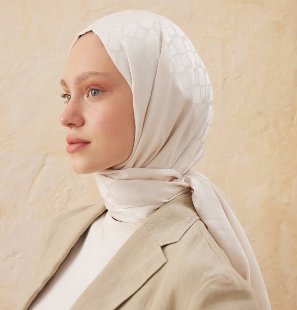 Modefa Shawl Beige Diamond Jacquard Satin Hijab Shawl - Beige