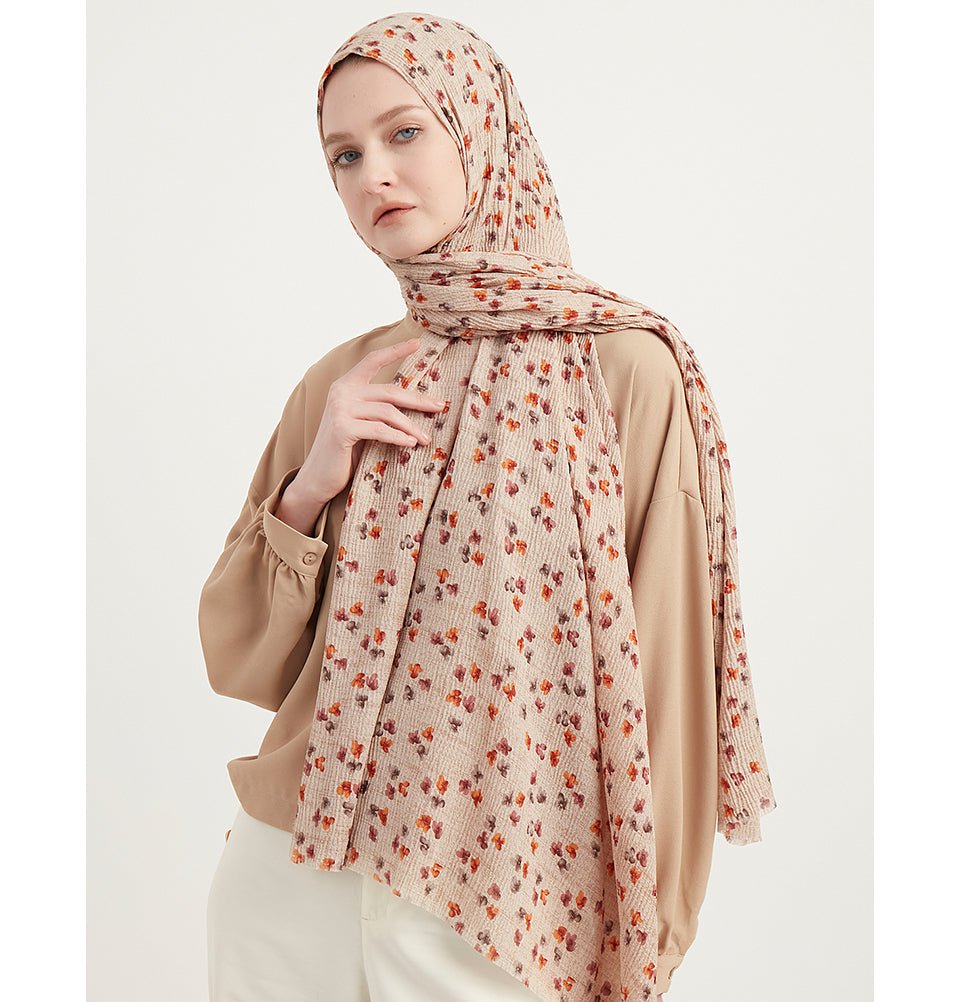 Modefa Shawl Beige Posies Crinkle Cotton Hijab Shawl - Beige