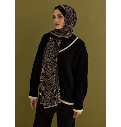 Modefa Shawl Black/Beige Premium Viscose Hijab Shawl Ethnic Print - Black/Beige