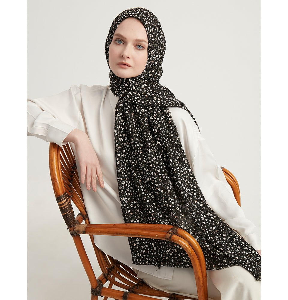 Modefa Shawl Black Ditsy Floral Crinkle Cotton Hijab Shawl - Black & Olive