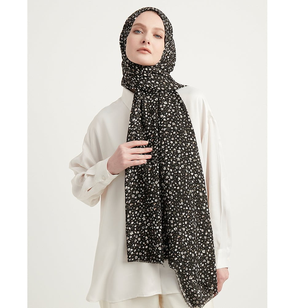 Modefa Shawl Black Ditsy Floral Crinkle Cotton Hijab Shawl - Black & Olive