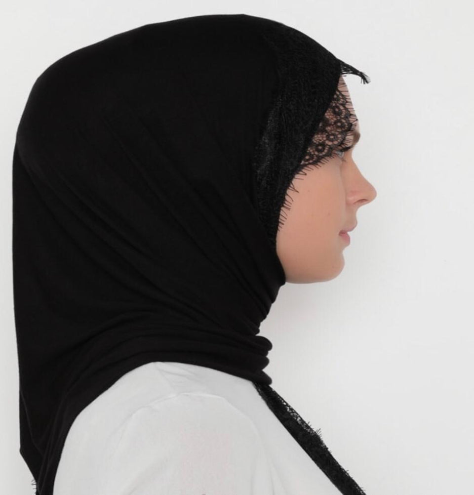 Modefa Shawl Black Elegant Lace-Trim Hijab Shawl - Black
