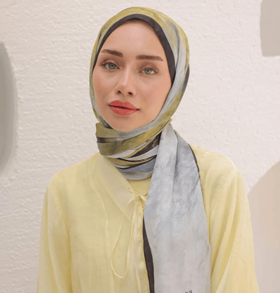 Modefa Shawl Black Gold Dreamy Color Satin Blend Patterned Shawl Hijab - Black Gold