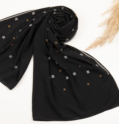 Modefa Shawl Black Grid Patterned Chiffon with Rhinestone Shawl Hijab - Black