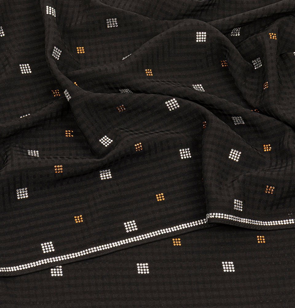 Modefa Shawl Black Grid Patterned Chiffon with Rhinestone Shawl Hijab - Black