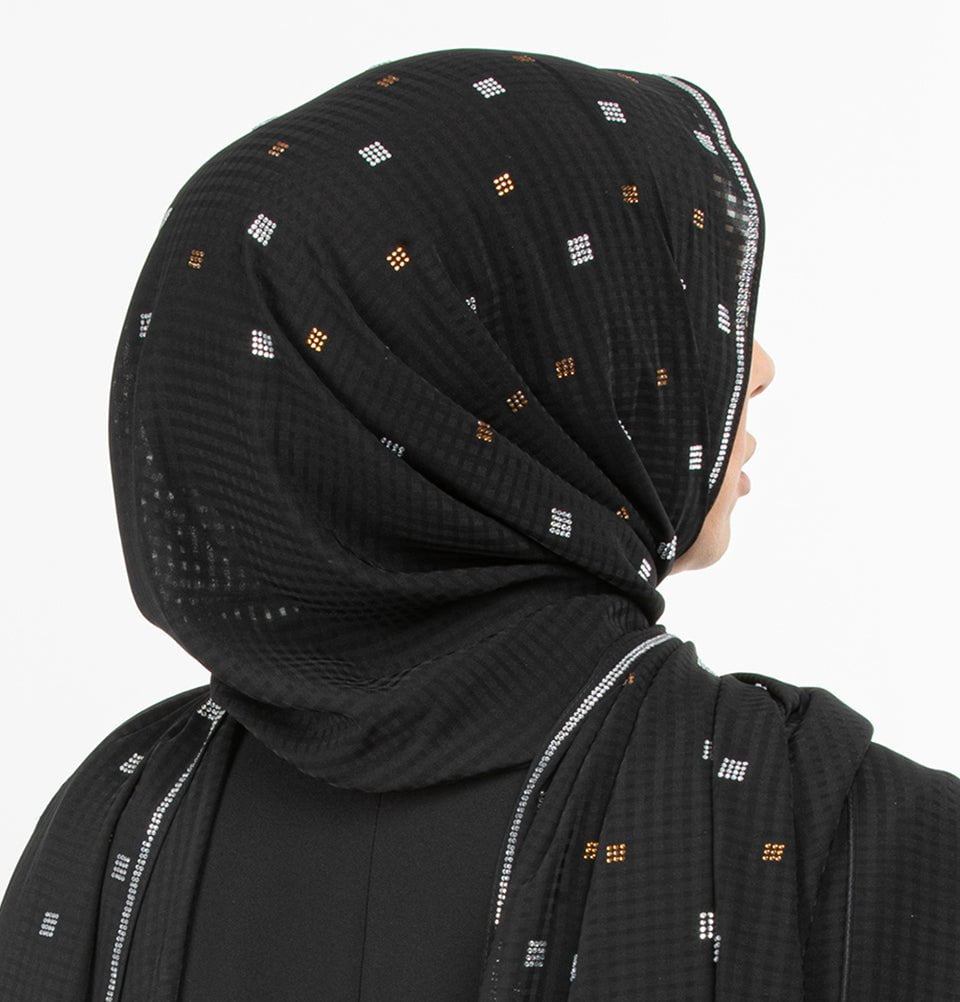 Modefa Shawl Black Grid Patterned Chiffon with Rhinestone Shawl Hijab - Black