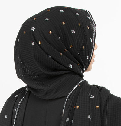 Modefa Shawl Black Grid Patterned Chiffon with Rhinestone Shawl Hijab - Black