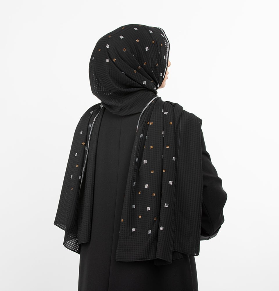Modefa Shawl Black Grid Patterned Chiffon with Rhinestone Shawl Hijab - Black