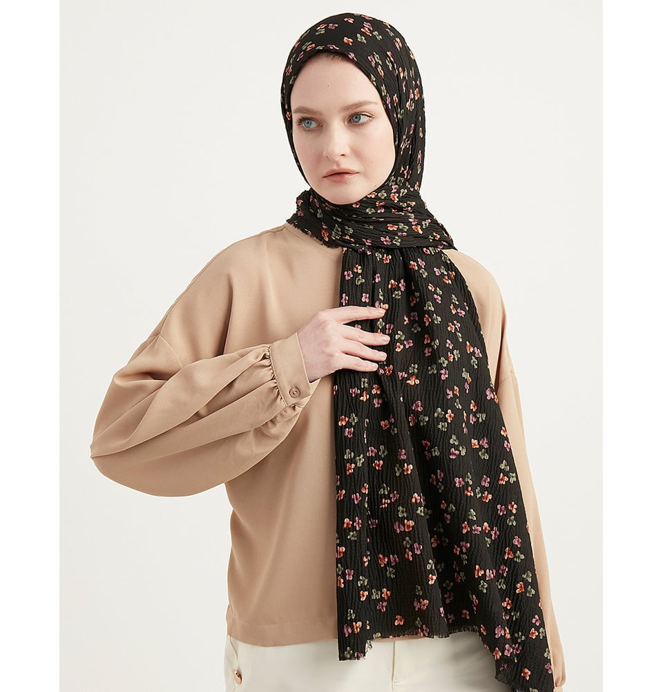 Modefa Shawl Black Posies Crinkle Cotton Hijab Shawl - Black