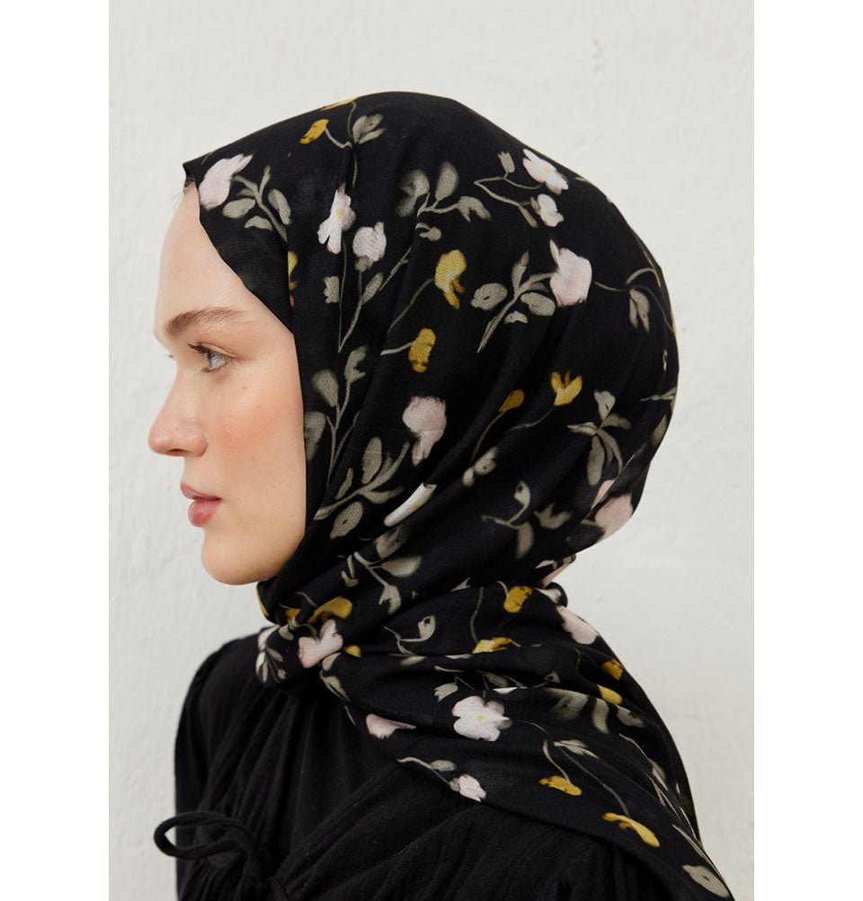 Modefa Shawl Black Rami Lightweight Hijab Shawl Soft Flowers - Black