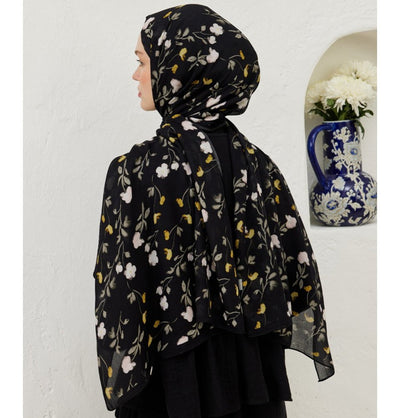 Modefa Shawl Black Rami Lightweight Hijab Shawl Soft Flowers - Black