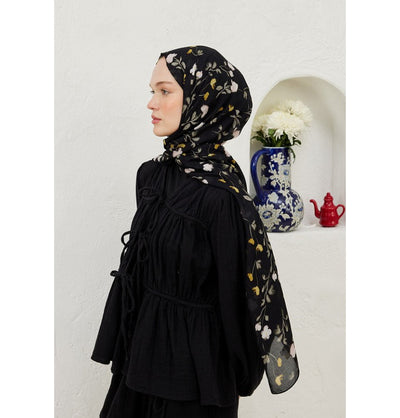 Modefa Shawl Black Rami Lightweight Hijab Shawl Soft Flowers - Black