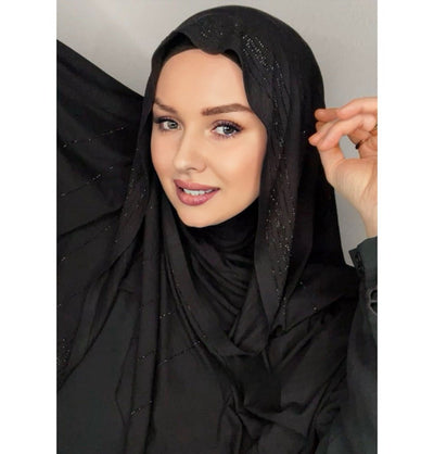 Modefa Shawl Black Rhinestone Lines Soft Jersey Hijab Shawl - Black