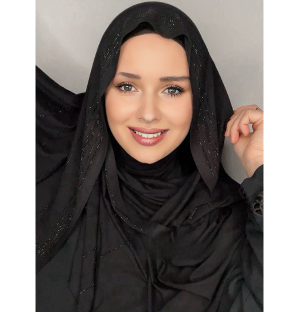 Modefa Shawl Black Rhinestone Lines Soft Jersey Hijab Shawl - Black