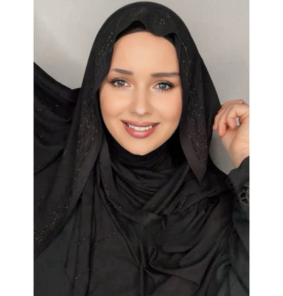 Modefa Shawl Black Rhinestone Lines Soft Jersey Hijab Shawl - Black