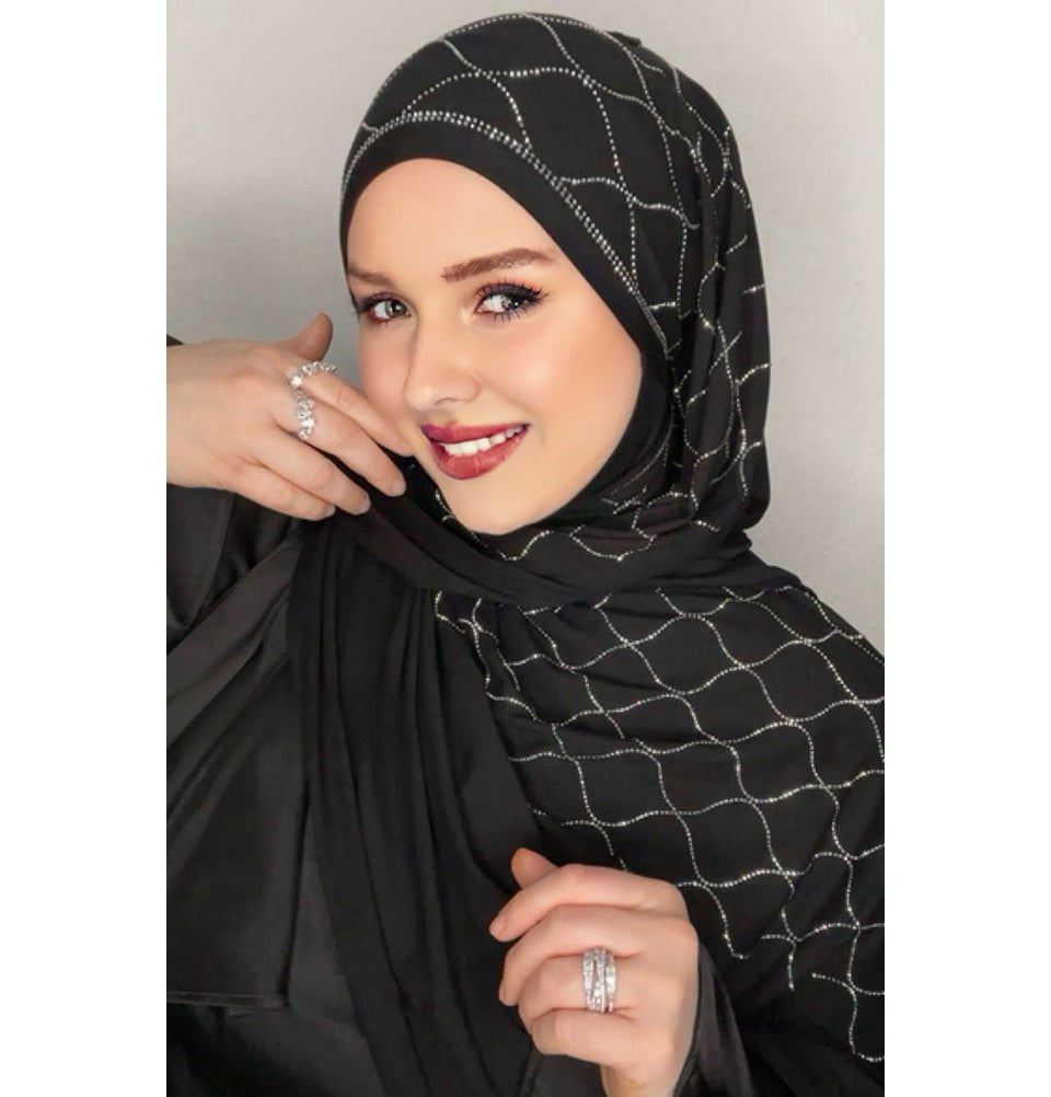 Modefa Shawl Black with Silver Rhinestone Lantern Soft Jersey Hijab Shawl - Black with Silver Beads